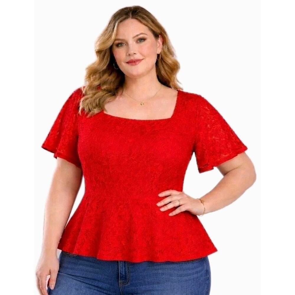 NWT liz claiborne Women XXL Lace Square Neck Short Futter Sleeve Peplum Red Top